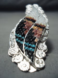 Exquisite Native American Zuni Textured Inlay Turquoise Coral Jet Sterling Silver Ring-Nativo Arts