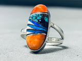 Vibrant Native American Navajo Turquoise Spiny Opal Inlay Sterling Silver Large Ring-Nativo Arts