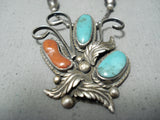 Fabulous Vintage Native American Navajo Turquoise Coral Sterling Silver Necklace-Nativo Arts