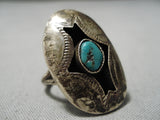 Exceptional Vintage Native American Navajo Turquoise Sterling Silver Shadowbox Ring Old-Nativo Arts