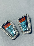 Very Important Vintage Native American Navajo Lander Blue Turquoise Sterling Silver Earrings-Nativo Arts