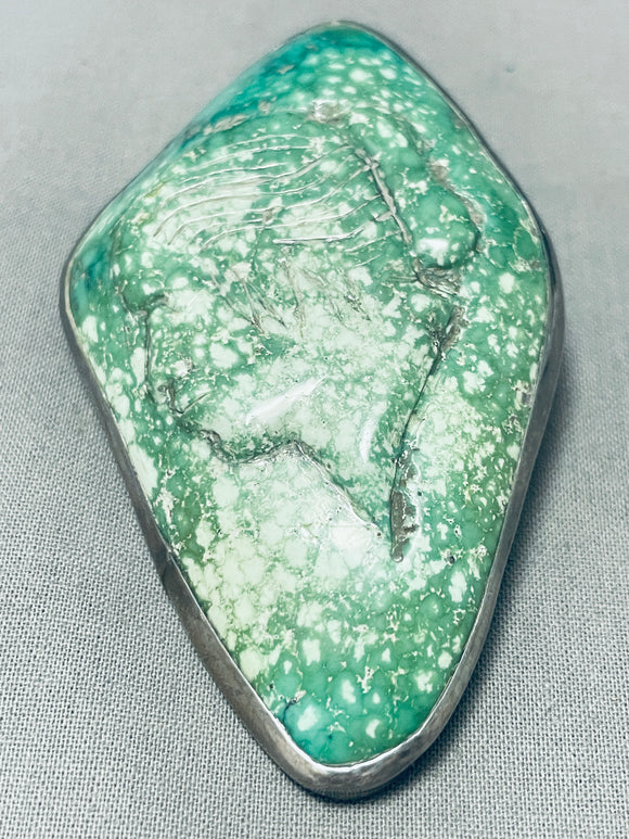 One Of The Biggest Early Vintage Native American Navajo Green Turquoise Sterling Silver Pendant-Nativo Arts