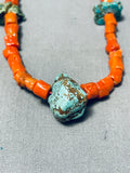 Captivating Vintage Native American Navajo 5 Turquoise Sterling Silver Coral Necklace-Nativo Arts