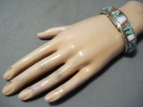 Beautiful Native American Navajo #8 Turquoise Mine, Coral, Opal Sterling Silver Bracelet-Nativo Arts