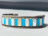 Rows Of Turquoise Pearl Vintage Native American Zuni Sterling Silver Inlay Bracelet-Nativo Arts