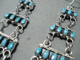 Rare Double Sided Native American Zuni Chandelier Coral Turquoise Sterling Silver Earrings-Nativo Arts