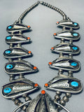 Gasp! Vintage Native American Navajo Turquoise Coral Sterling Silver Squash Blossom Necklace-Nativo Arts