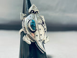Whimsical Native American Navajo Kingman Turquoise Sterling Silver Ring Signed Nelson Morton-Nativo Arts
