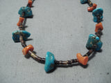 Marvelous Vintage Native American Navajo Turquoise Coral Heishi Sterling Silver Necklace Old-Nativo Arts