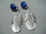 Impressive Navajo Lapis Sterling Silver Feather Earrings Native American-Nativo Arts