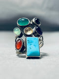 Dramatic Vintage Native American Navajo Blue Gem Turquoise & Multi Stone Sterling Silver Ring-Nativo Arts