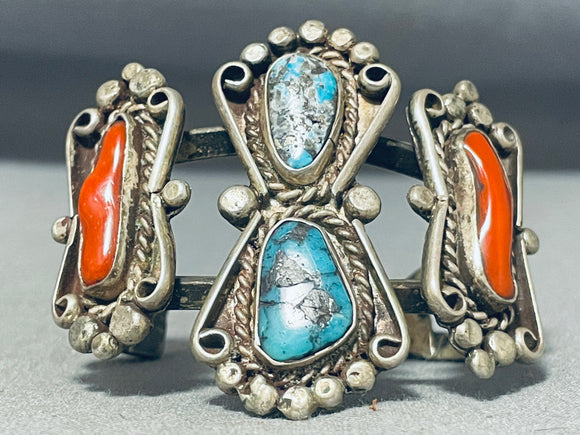 Museum Vintage Native American Navajo Blue Diamond Turquoise & Coral Sterling Silver Bracelet-Nativo Arts