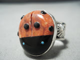 Detailed Ladybug Bulbous Native American Navajo Coral Turquoise Sterling Silver Ring-Nativo Arts