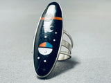 Striking Native American Navajo Turquoise Coral Inaly Sterling Silver Sunface Ring-Nativo Arts