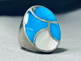 Huge Heavy Vintage Native American Navajo Turquoise Sterling Silver Pearl Ring Old-Nativo Arts