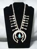 Early Superior Vintage Native American Navajo Turquoise Sterling Silver Squash Blossom Necklace-Nativo Arts