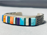 Detailed Vintage Native American Navajo Turquoise Inlay Sterling Silver Bracelet-Nativo Arts