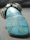 Huge Incredible Inlay Native American Navajo Turquoise Sterling Silver Leaf Ring-Nativo Arts