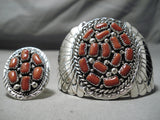 Huge Modernistic Native American Navajo Chunky Coral Sterling Silver Bracelet Ring Set-Nativo Arts