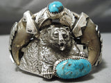 Huge Native American Navajo Bear Sterling Silver Turquoise Bracelet-Nativo Arts