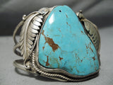 Important Vintage Native American Navajo Rare Turquoise Sterling Silver Leaf Bracelet Old-Nativo Arts