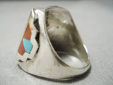Important Native American Zuni Bluejay Turquoise Sterling Silver Coral Ring-Nativo Arts