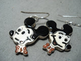 Fabulous Native American Zuni Inlay Coral Jet Sterling Silver Mickey Mouse Earrings-Nativo Arts