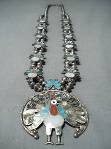 Native American Intricate Vintage Zuni Turkey Turquoise Sterling Silver Squash Blossom Necklace-Nativo Arts