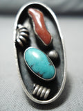 Outstanding Vintage Native American Navajo Green Turquoise Coral Sterling Silver Ring-Nativo Arts