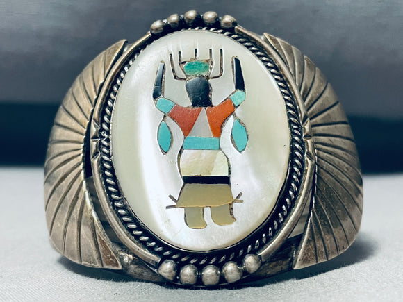 Heavy Kachina Vintage Native American Navajo Turquoise Kachina Sterling Silver Flank Bracelet-Nativo Arts
