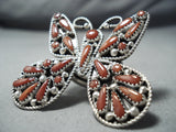 One Of Biggest Zuni Coral Sterling Silver Butterfly Ring Native American-Nativo Arts