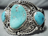 Museum Wide Vintage Native American Navajo Triple Turquoise Sterling Silver Bracelet Old-Nativo Arts