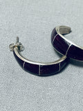 Exquisite Vintage Native American Navajo Sugulite Inlay Sterling Silver Hoop Earrings-Nativo Arts