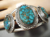 Vivid Blue Vintage Native American Navajo Spiderweb Turquoise Sterling Silver Bracelet-Nativo Arts
