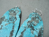 Native American One Of The Largest Slab Turquoise Santo Domingo Sterling Silver Earrings-Nativo Arts