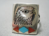 Exceptional Zuni Native American Turquoise Bird Coral Sterling Silver Ring-Nativo Arts