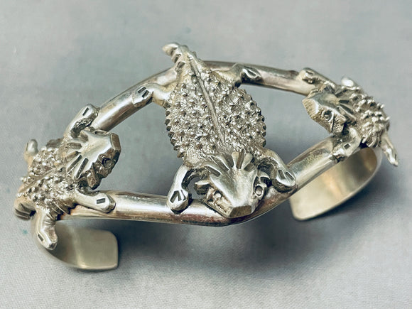 Symbolic Protector of Arrowheads Horned Lizards Sterling Silver Navajo Bracelet-Nativo Arts