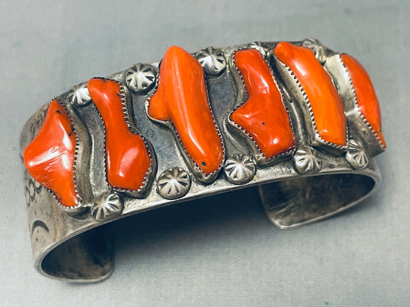 One Of The Best Vintage Native American Navajo Coral Nugget Sterling Silver Bracelet-Nativo Arts
