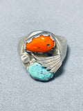 Phenomenal Vintage Native American Navajo Turquoise Coral Sterlng Silver Ring-Nativo Arts
