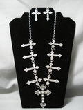 Rare Hand Tooled Cross Native American Navajo Sterling Silver Repoussed Necklace Earrings Set-Nativo Arts