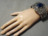 Detailed Johnny Yazzie Vintage Native American Navajo Lapis Sterling Silver Bracelet-Nativo Arts