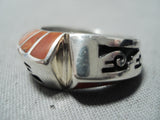 Dazzling Navajo Native American Coral Inlay Sterling Silver Ring-Nativo Arts
