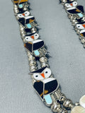 149 Grams 1970's Owl Vintage Native American Zuni Inlay Sterling Silver Squash Blossom Necklace-Nativo Arts