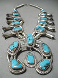 Blue Diamond Turquoise Vintage Native American Navajo Sterling Silver Squash Blossom Necklace-Nativo Arts