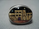 Native American Extremely Detailed Vintage Navaj Turquoise Pueblo Inlay Sterling Silver Ring Old-Nativo Arts