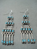 Rare Double Sided Native American Zuni Chandelier Coral Turquoise Sterling Silver Earrings-Nativo Arts