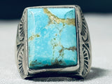 Marvelous Vintage Native American Navajo Kingman Turquoise Square Sterling Silver Ring-Nativo Arts