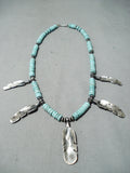 Stunning Vintage Native American Navajo Turquoise Sterling Silver Feathers Necklace-Nativo Arts