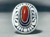 Master Leo Nez Native American Navajo Chunky Coral Sterling Silver Ring-Nativo Arts