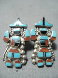 Exceptional Native American Zuni Turquoise Coral Inlay Sterling Silver Kachina Earrings-Nativo Arts